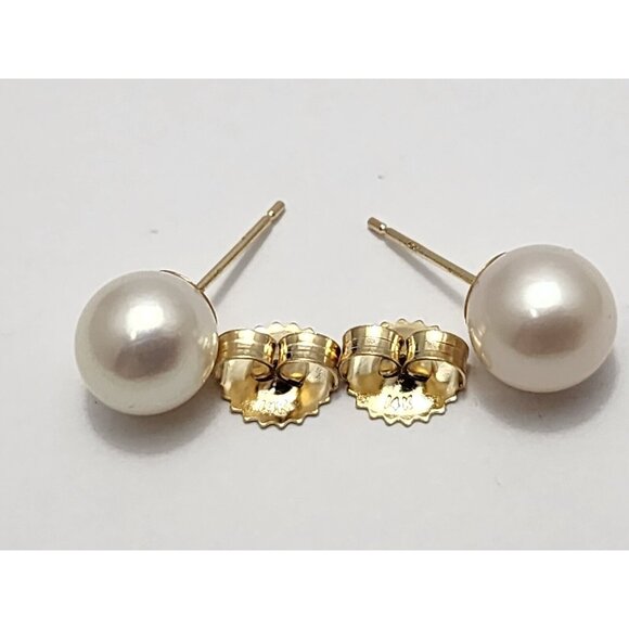 Beautiful 14K Karat Solid Yellow Gold Designer Round Pearl Stud Earrings - Picture 14 of 16